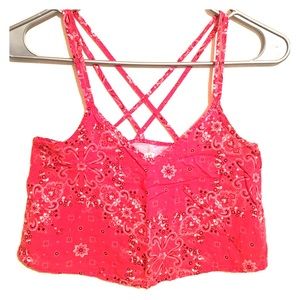 Red bandana print cross back crop tank.